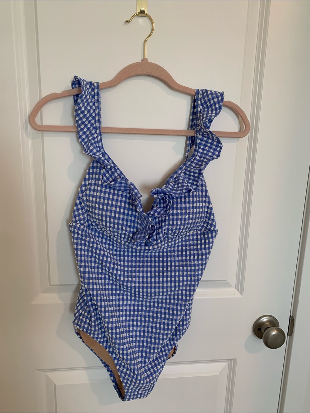 J. Crew Blue and White Seersucker Gingham Ruffle One-Piece